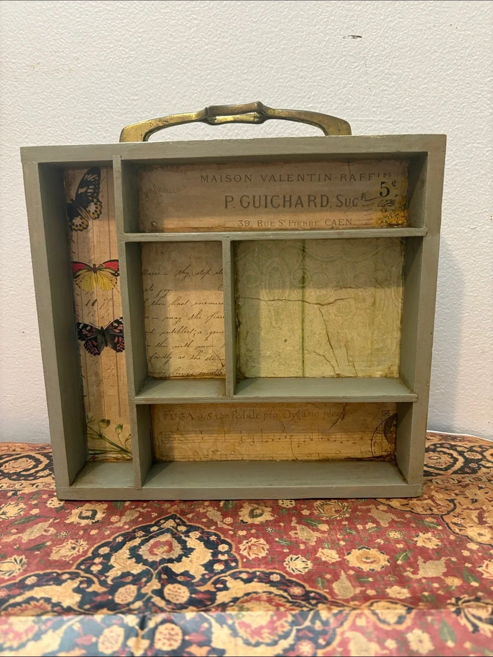 Vintage-Style SageGreen Wooden Wall Shelf with Brass Handle